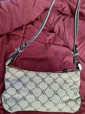 Ralph Lauren Beige Monogram Mini Shoulder Bag with Black Strap